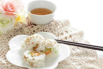 Japanese food, fried prawn sushi roll with sesame seed on top