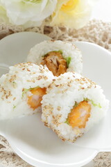 Japanese food, fried prawn sushi roll with sesame seed on top