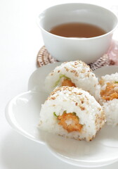 Japanese food, fried prawn sushi roll with sesame seed on top