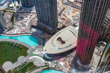 Dubai, UAE - 07.18.2021 - Areal view of downtown and Dubai opera building.city