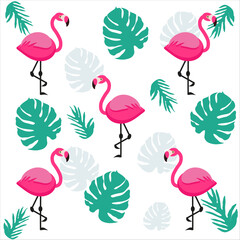 Obraz premium Pattern Pink flamingo on the background of exotic leaves