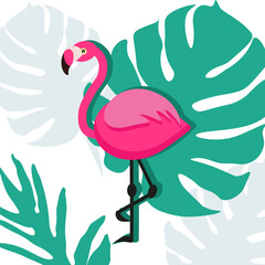 Pink flamingo on the background of exotic leaves