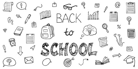 The inscription Back to school. Black lettering with set of hand drawn icons. Vector illustration in doodle style isolated on white