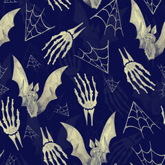 Bat, skeleton, cobweb watercolor seamless pattern. Template for decorating designs and illustrations.