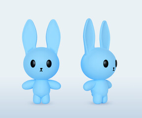 Obraz na płótnie Canvas Realistic two cute blue rabbit decorations. Cartoon style. Animal characters isolated on white background. Funny little animal bunny, 3d vector icon set.