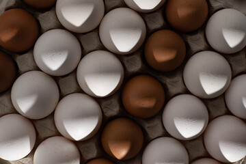 Egg background. White and brown eggs in a paper box tray. Protein food. Eco organic. Minimalism concept.