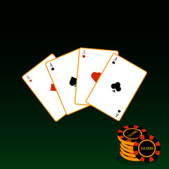 Poster on the theme of the poker club. A handful of ten thousand playing chips, four aces on a dark green background. For promotions and companies
