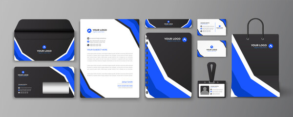 Corporate Branding identity template design. Modern Stationery mockup black and blue color. Business style stationery and documentation. Vector illustration