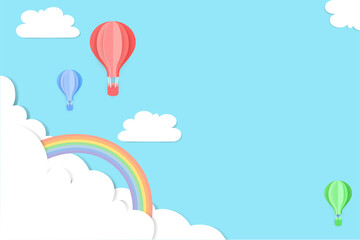 Illustration of hot air balloons in paper cut and craft style. Beautiful fluffy cloud with the blue sky background. Festival and holiday concept. Place for text for website banner.