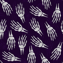 Skeleton hand on dark background watercolor seamless pattern. Template for decorating designs and illustrations.