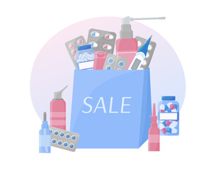 Pharmacy Sale. Discount purchase of medicines. Lot of pharmacy products in bag. Medicaments composition isolated. Set of piles, capsules, sprays. Flat vector illustration