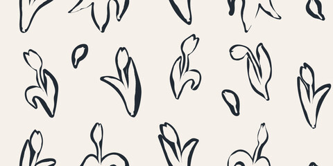 Hand drawn black and white minimalist abstract flower print. Modern collage pattern. Fashionable template for design.