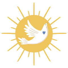 An illustration of a dove is flying against the backdrop of the sun. Symbolizes world peace, stopping the war, truce, hope. Isolated objects on a white background. Simple style.