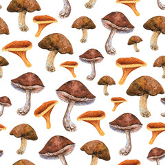 Watercolor mushrooms seamless pattern. Brown porcini, orange chanterelle