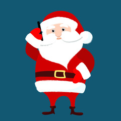 Santa Claus is talking on a cell phone. Santa is cheerful and funny. Character design for Christmas design in cartoon flat style.
