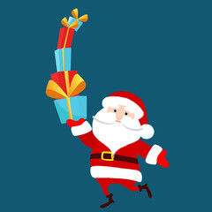 Santa Claus brings many gifts. Santa is cheerful and funny and the boxes are about to fall. Character design for Christmas design in cartoon flat style.
