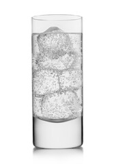 Highball glass with sparkling water lemonade drink on white background.