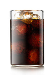 Cola soda drink with ice cubes and bubbles on white background.