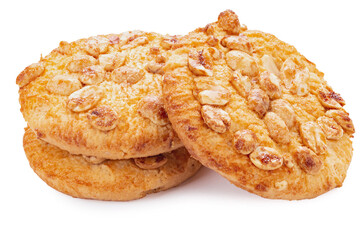 Delicious peanut circle shaped cookies on an isolated white background. Fresh confectionery biscuit.