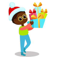 Little cute boy in Santa Claus hat carries gifts.Christmas illustration isolated on white background.