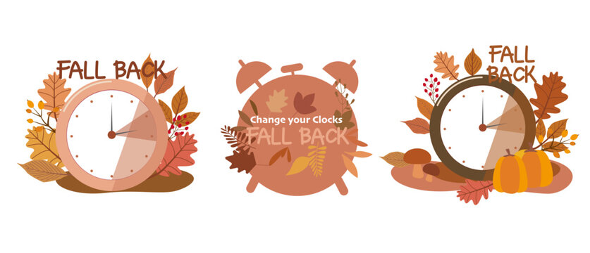 Sat of daylight saving concept illustration. Fall back decorative lettering. Autumn leaves and pumpkins decorative Calligraphy for Fall back. Vector illustration.