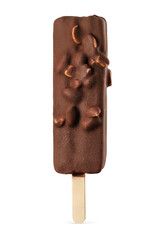 Popsicle ice cream bar with chocolate coating and peanuts isolated on white.