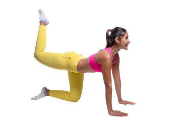 Fototapeta premium Full size shot of smiling young sporty Asian woman fitness model in pink sportswear do side plank exercise raise up leg