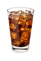 Cola with ice cubes in glass isolated on white background.