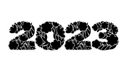 Flowers lettering 2023. Black and white vector illustration isolated on white background.