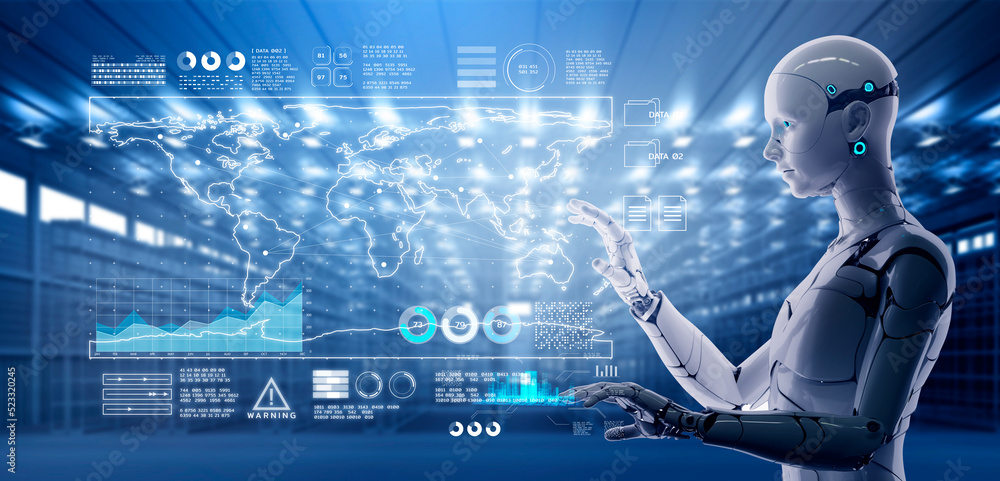 Poster smart city iot network digital world metaverse, 3d ai artificial intelligence futuristic robot engin