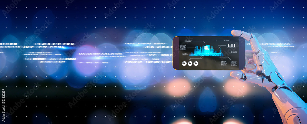 Poster smart city iot network digital world metaverse, 3d ai artificial intelligence futuristic robot engin