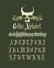 Gothic font. Full set of capital letters of the English alphabet in vintage style. Medieval Latin letters. Vector calligraphy and lettering. Suitable for tattoo, label, headline, poster