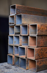 Rusty Industrial steel and metal works welded frame, welding iron and steel for construction and building. Solid cold hard metal frames and framework for structures and foundations