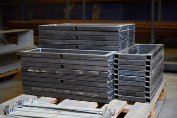 Industrial steel and metal works welded frame, welding iron and steel for construction and building. Solid cold hard metal frames and framework for structures and foundations for skyscrapers.