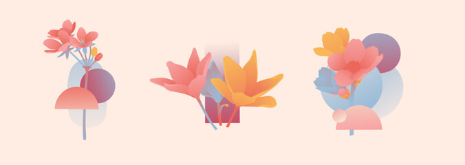 Modern design flower composition. Abstract shape. Invitations in the minimalism style with spring plants, leaves, geometric forms. Vector