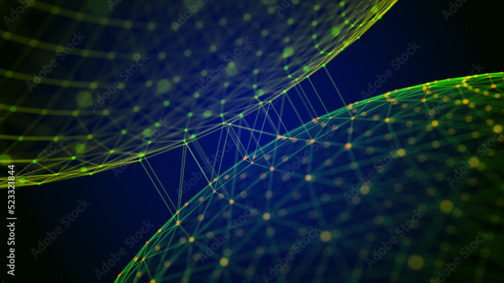 Poster abstract dark background with moving spheres of lines and dots. data transmission. visualization of 