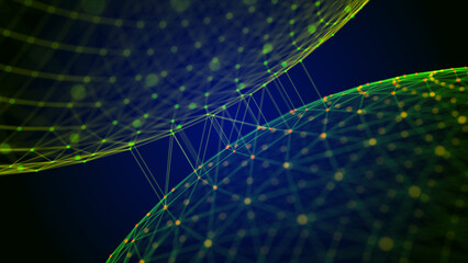 Abstract dark background with moving spheres of lines and dots. Data transmission. Visualization of network connections. The concept of big data. Internet connection worldwide. 3d rendering.