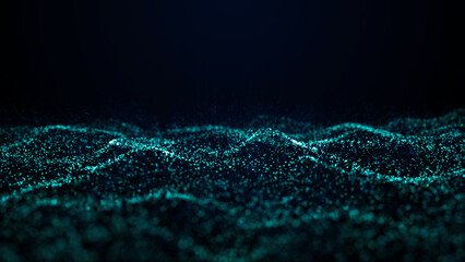 A wave of particles. Abstract background with dynamic blue wave. Blue background with moving particles. Science and technology. 3d rendering.
