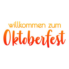 Festival de cerveza Oktoberfest. Logotipo con texto willkommen zum Oktoberfest en alemán en color anaranjado