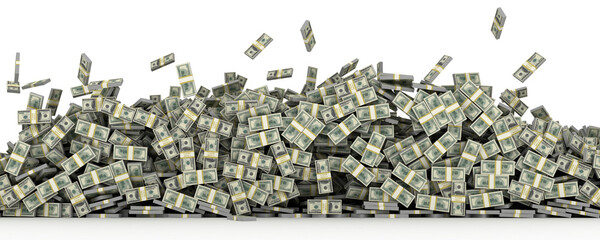 money heap falling cash us dollars siolated on white