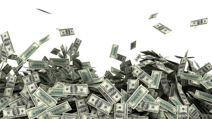 money heap falling cash us dollars siolated on white background