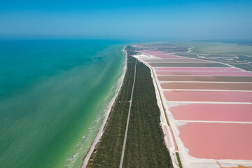 Stunning aerial view of pink salt ponds at Rio Lagartos, Cancun, Mexico - 523322683