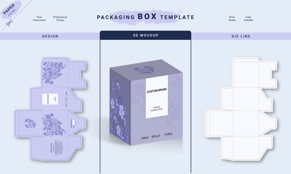 Packaging Box Die Cut Template For Product with 3D Preview. 3d Box Mockup, Packaging design, Perfume luxury box design, Box die line, and Design elements.Vector design Template.