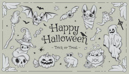 Happy halloween. Big set of horror hand drawn doodle. Collection halloween and magic elements. Pumpkins, ghost, skull, cemetery, black cat, magic cauldron, pot, hat, bat, moon phases, broom