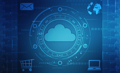 Obraz premium 2d illustration of Cloud computing, Digital Cloud computing Concept background. Cyber technology, internet data storage, database and data server concept