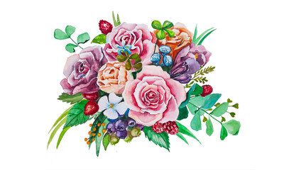 Fototapeta premium Watercolor colorful floral illustration with bouquet of roses. Pink and purple flowers with many leaves and berries. Isolated botanical art for postcards.