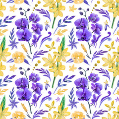 Fototapeta premium Watercolor seamless botanical pattern with yellow and purple flowers. Bright floral art with orchid for textile and packing.
