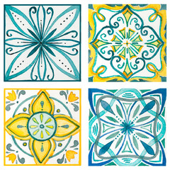 Watercolor seamless pattern with ceramic tile stylization yellow  and blue ornament. Azulejos, Portuguese, Turkish Moroccan, Italian Sicilian tile mosaic ornament. Talavera style