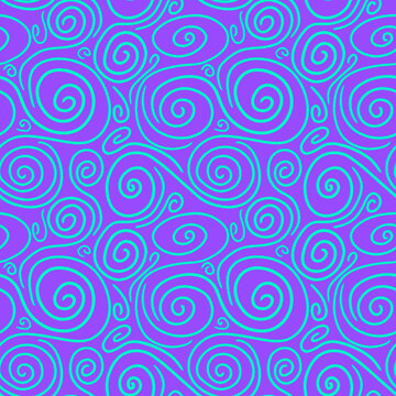 Hand drawn curls, blue on purple repeated background. Modern freehand seamless pattern © Liia Lonn