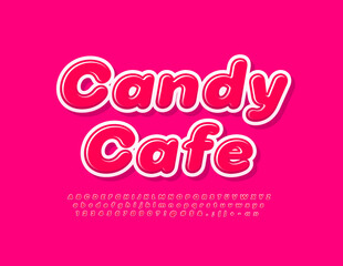 Vector glossy Signboard Candy Cafe. Modern Sweet Font. Cute Pink Alphabet Letters, Numbers and Symbols set